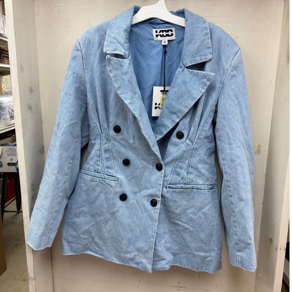 #85 New KBB Women's Light Wash Denim Blazer Jean Jacket Button Closer Size XXL